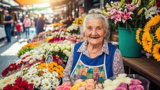 A joyful elderly woman in an apron smiling at her colorful flower market stall.
