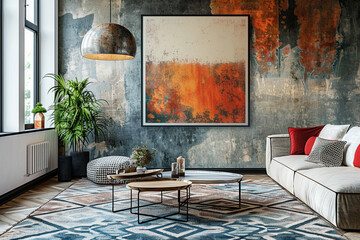 Modern living room with a striking abstract frame poster on a feature wall, complemented by a stylish coffee table and geometric rugs, bathed in natural light.