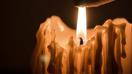 Close-up of a melting candle with warm light illuminating wax drips against a dark background - Powered by Adobe