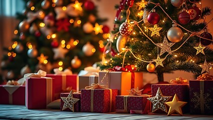 Festive holiday setup with decorated tree and gift boxes, evoking warmth and seasonal joy.