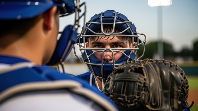 A close-up of a young baseball catcher looking intently through his mask. - Powered by Adobe
