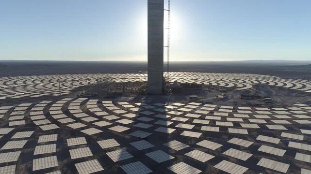 Aerial drone videos of the Cerro Dominador solar thermal power plant under construction in the Atacama Desert, Chile