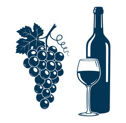 Fototapeta premium Elegant wine illustration featuring grapes bottle and glass on a clean white background