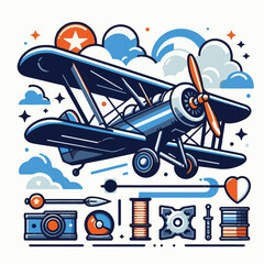 biplane, airplane, plane, aircraft, air, propeller, flight, sky, vintage, aeroplane, old, fly, retro, aviation, transport, wing, pilot, travel, illustration, red, background, vector, transportation, w