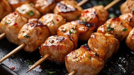 Delicious chicken skewers with herbs and spices on a dark background