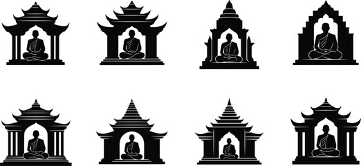 Buddha, temple, shrine, silhouette, meditation, spiritual, architecture, vector, black, statue, peaceful, culture, religion, sacred, art, posture, zen, harmony,