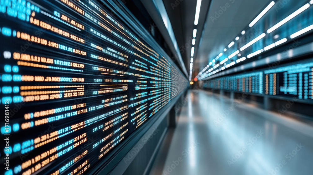 Poster digital data visualization with glowing lines and numbers, representing technology and analytics