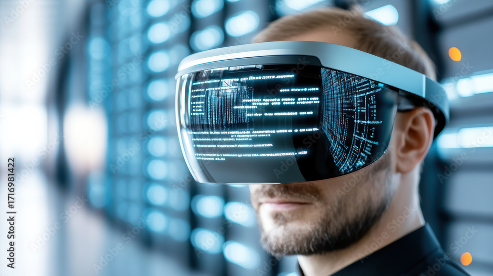 Poster high tech virtual reality headset displaying data futuristic technology immersive experience