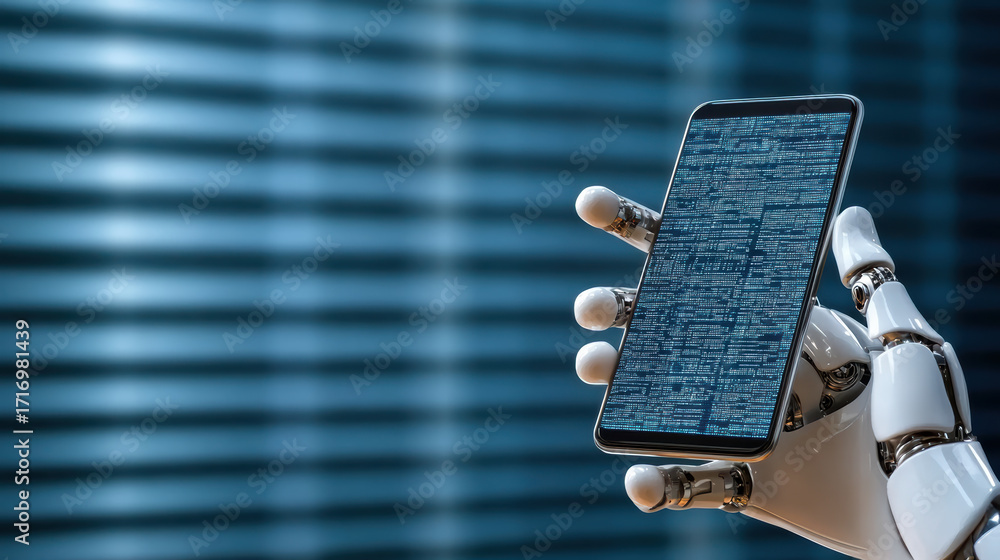 Poster robotic hand holds smartphone displaying digital data, symbolizing technology and innovation