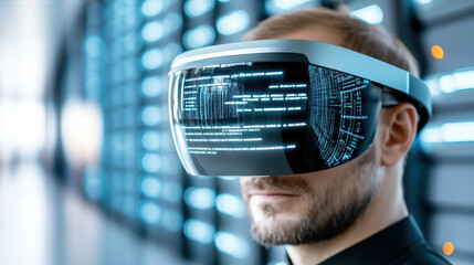 High tech virtual reality headset displaying data futuristic technology immersive experience
