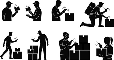 Logistics, delivery, scanning, package, inventory, silhouette, worker, handheld device, barcode, warehouse, box, shipping, courier, vector, black, illustration,
