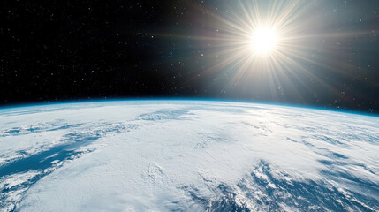 Stunning view of Earth from space, showcasing planet curvature and bright sun illuminating