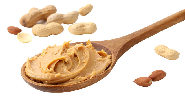 Creamy concoction – a wooden spoon filled with peanut butter cut out on PNG. AI GENERATED.