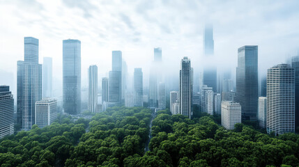Fototapeta premium City skyline with modern skyscrapers surrounded by lush greenery and misty atmosphere