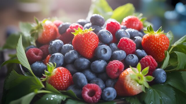 A vibrant, close-up shot of a pile of mixed berries, including bright red strawberries, deep blue blueberries, and rich red raspberries. The berries are clustered together in a visually appealing moun