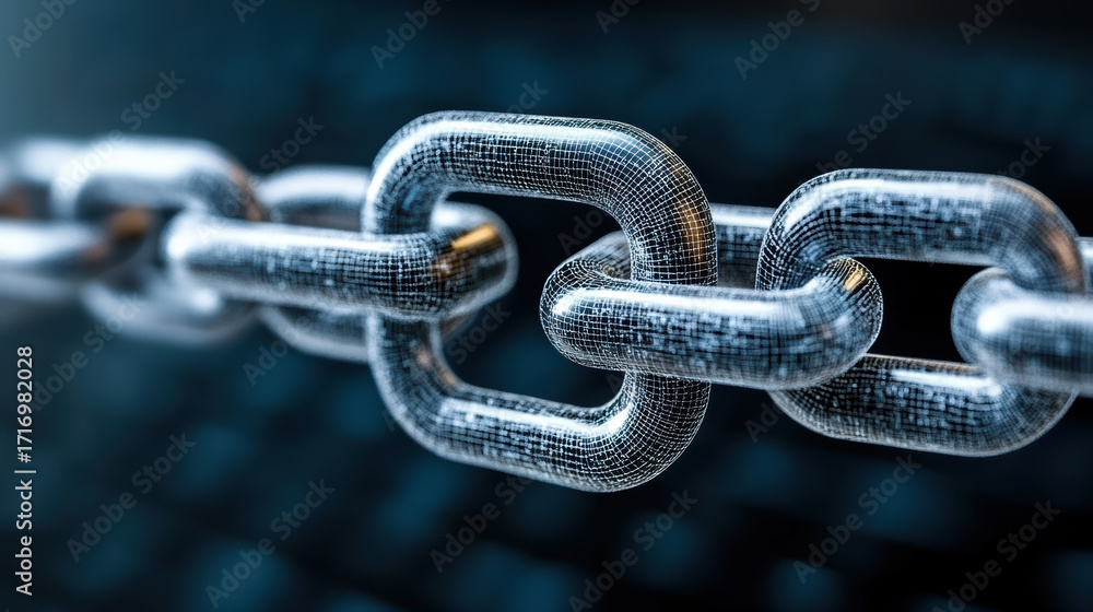 Poster close up of digital chain link representing blockchain technology and connectivity