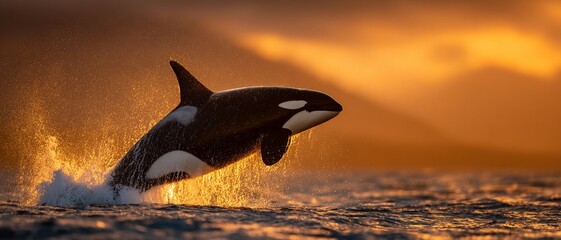 Orca whale breaching from ocean water at sunset