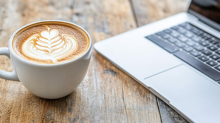 Aromatic coffee cup beside modern laptop on rustic wooden table creates cozy workspace