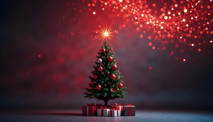 Obraz premium Decorated Christmas tree with presents and glowing red ornaments on a festive red bokeh background, perfect for holiday greetings and seasonal ads.