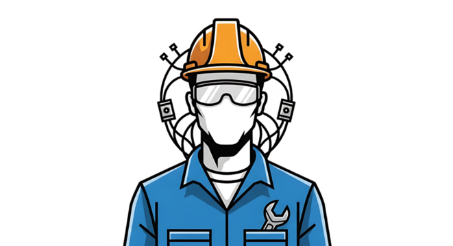 Illustration of a construction worker wearing a hard hat and safety glasses