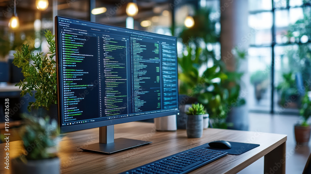 Poster close up of computer screen displaying scientific data with coding elements and greenery