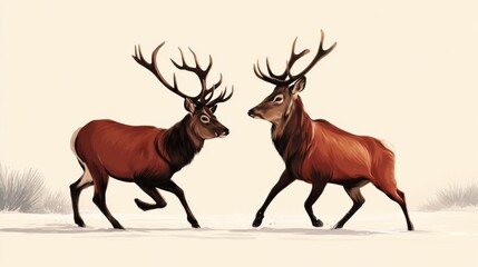 Obraz premium Majestic Deer Engaged in Playful Interaction in Winter Landscape