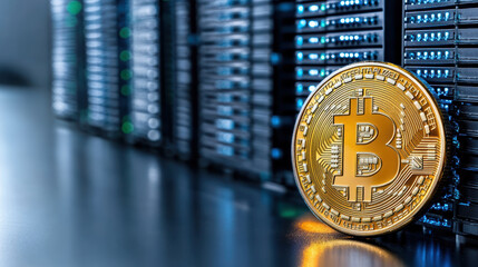 Golden cryptocurrency coin placed near server racks, symbolizing digital finance and technology