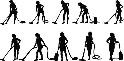 Vacuuming silhouettes, cleaning poses, household chore, black vector people, upright vacuum, ergonomic posture, home task, corded vacuum, movement study © rakib's world