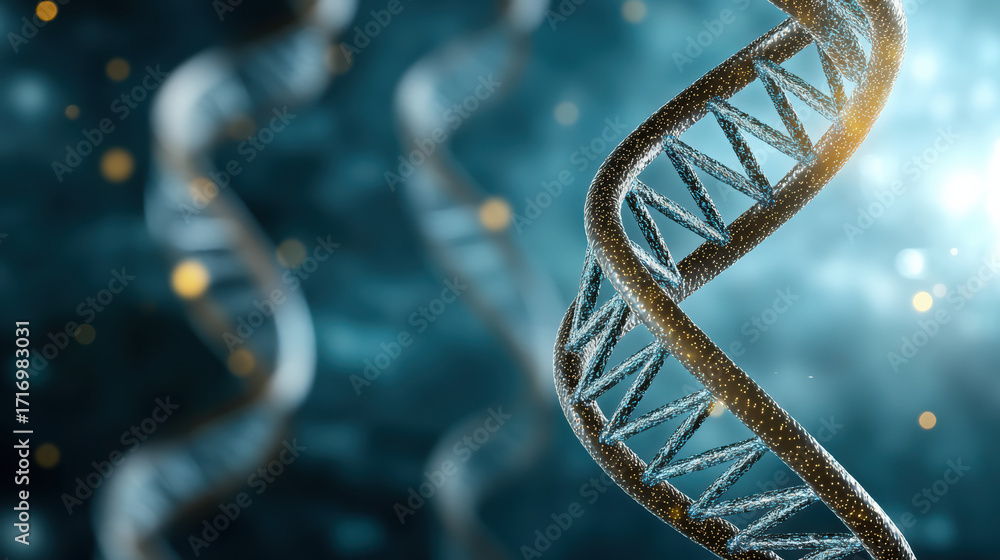 Poster close up of dna double helix structure with glowing elements and blue background, showcasing