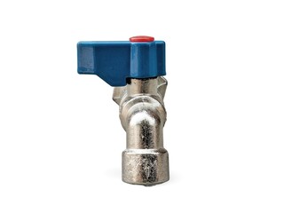 Close-up of a shiny silver water faucet with a blue handle on a white background. Front view shot. 