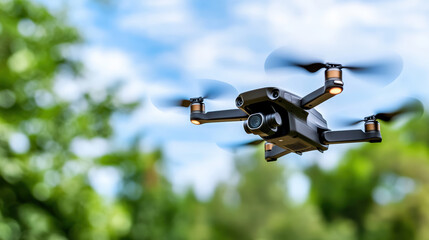 Close up of drone flying against blue sky with green foliage background, showcasing technology