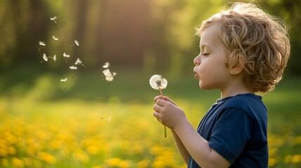 Child blows dandelion seeds in field at sunset. Concept of freedom, hope, dreams. Use for family blogs, web design, or marketing.