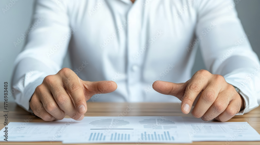 Poster close up of financial advisor presenting analysis on paper with charts and graphs