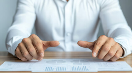 Close up of financial advisor presenting analysis on paper with charts and graphs