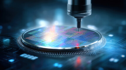 Macro cinematic close up of high tech microchip being processed, showcasing intricate details and vibrant colors, evoking sense of advanced technology and innovation
