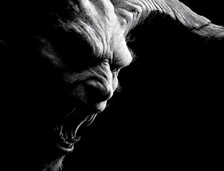 Sinister Figure in Shadow: A close-up of a terrifying horned creature emerges from darkness, teeth bared in a menacing grimace, evoking a primal sense of fear and unease.