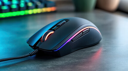 Close up of gaming mouse with LED lights, sleek design, and ergonomic shape