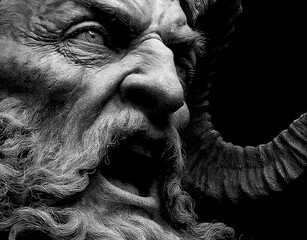 Monochromatic Demonic Statue: An extreme close-up shot reveals a striking grayscale portrait of a fearsome demonic statue. The intricately carved features, from the piercing eye to the imposing horn.