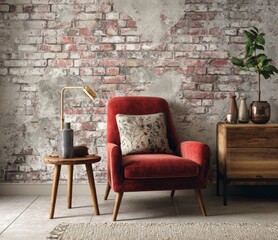 Cozy Corner: A warm and inviting room with a red armchair and rustic decor, creating a sense of comfort and relaxation, enhanced by soft lighting and natural textures.