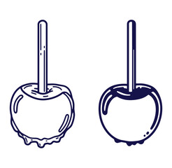 Obraz premium Two outlined illustrations of candied apples on sticks in a simplistic monochromatic style