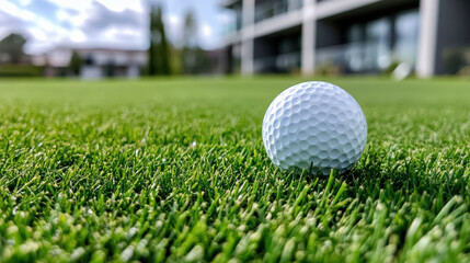 Obraz premium Close up of golf ball on green grass with blurred background, showcasing serene outdoor scene