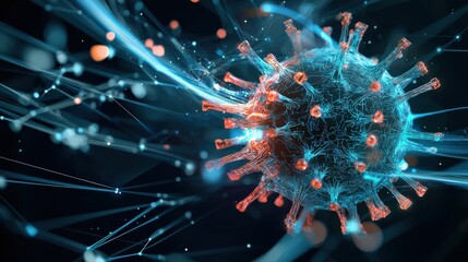 A virus is shown in a blue and red color scheme. The virus is surrounded by a web of lines and dots. Concept of chaos and danger, as the virus is depicted as a menacing and powerful force
