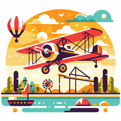 biplane, airplane, plane, aircraft, air, propeller, flight, sky, vintage, aeroplane, old, fly, retro, aviation, transport, wing, pilot, travel, illustration, red, background, vector, transportation, w