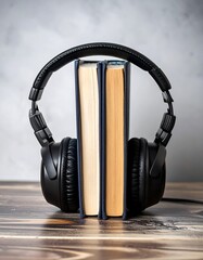 Headphones resting on two books