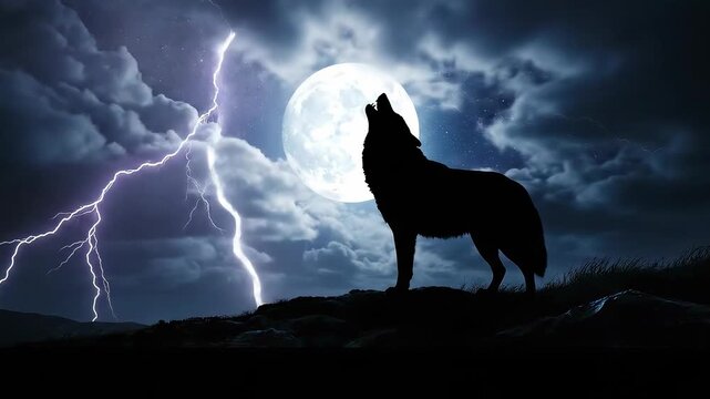 Howling Wolf Silhouette Standing on Hill at Night Under Full Moon