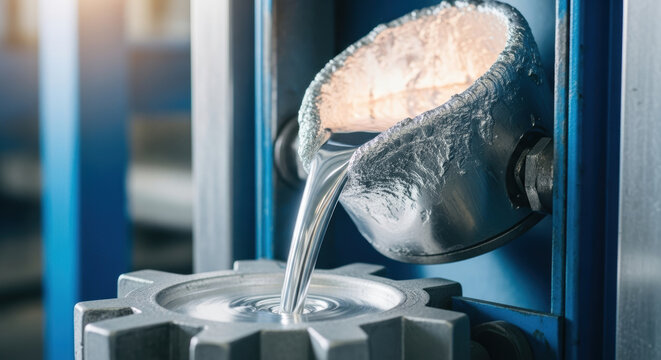 Molten metal pouring from crucible into mold in industrial foundry setting, close up of metallic liquid flow during manufacturing, high temperature precision casting process