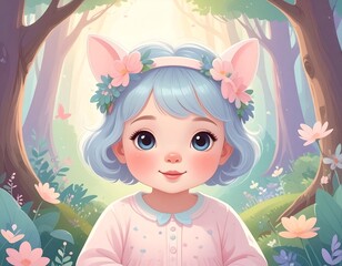 Fototapeta premium Cute happy baby girl in magical forest, gouache style, soft pastel colors, whimsical children’s storybook illustration.