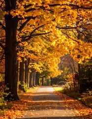 Autumnal pathway lined with golden trees
