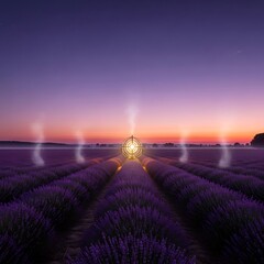 Obraz premium Golden orb structure illuminates a lavender field at dawn, bathed in soft, ethereal light.