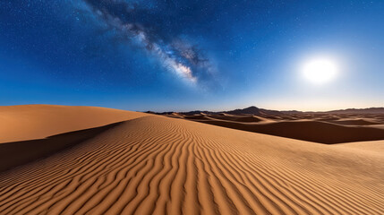 Naklejka premium Stunning sand dunes under starry night sky with Milky Way and bright moonlight